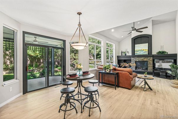 Dining room, Fireplace, Interior, Living room, Pendant Lights, Recessed Lighting, Wood Texture Flooring