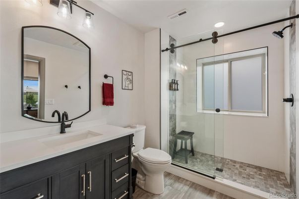 Bathroom, Glass Shower, Interior, Recessed Lighting, Wood Texture Flooring