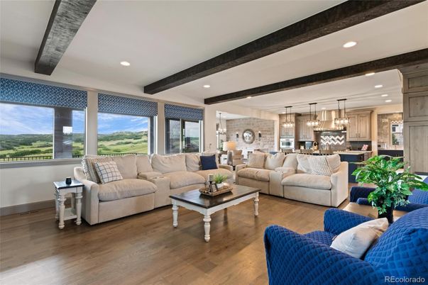 Interior, Kitchen, Living room, Pendant Lights, Recessed Lighting, Stainless Steel Appliances, Stone Walls, Wooden Beams, Wood Texture Flooring
