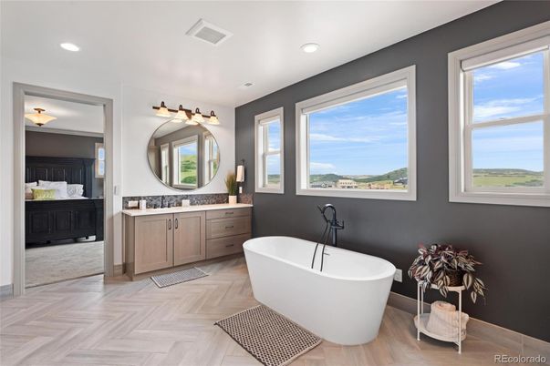 Bathroom, Free Standing Baths, Interior, Recessed Lighting, Wood Texture Flooring