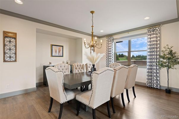 Chandelier, Dining room, Interior, Recessed Lighting, Wood Texture Flooring