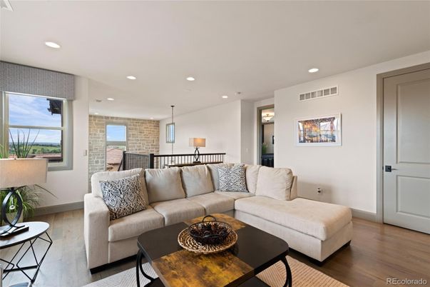 Dining room, Interior, Living room, Pendant Lights, Recessed Lighting, Stone Walls, Wood Texture Flooring