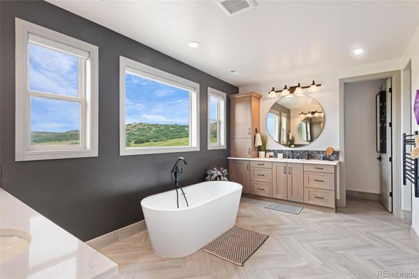 Bathroom, Dual Sink Vanities, Free Standing Baths, Interior, Recessed Lighting, Wood Texture Flooring