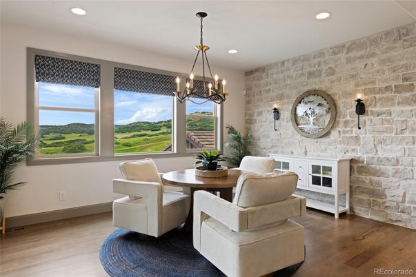 Chandelier, Dining room, Interior, Pendant Lights, Recessed Lighting, Stone Walls, Wood Texture Flooring
