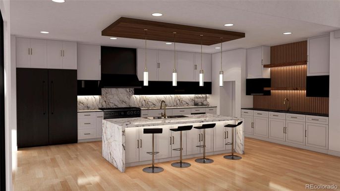 Interior, Kitchen, Marble Walls, Pendant Lights, Recessed Lighting, Wood Texture Flooring