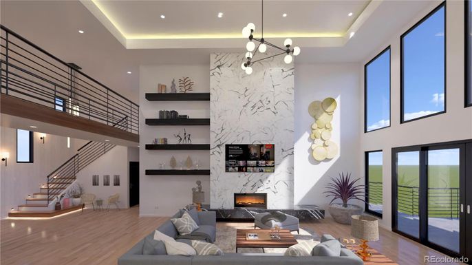 Fireplace, Interior, Living room, Marble Walls, Pendant Lights, Recessed Lighting, Wood Texture Flooring