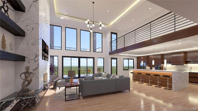 Interior, Kitchen, Living room, Marble Walls, Pendant Lights, Recessed Lighting, Water, Wood Texture Flooring