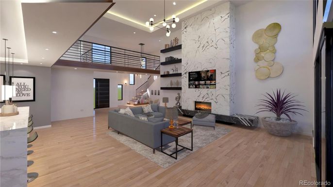 Fireplace, Interior, Living room, Marble Walls, Pendant Lights, Recessed Lighting, Wood Texture Flooring