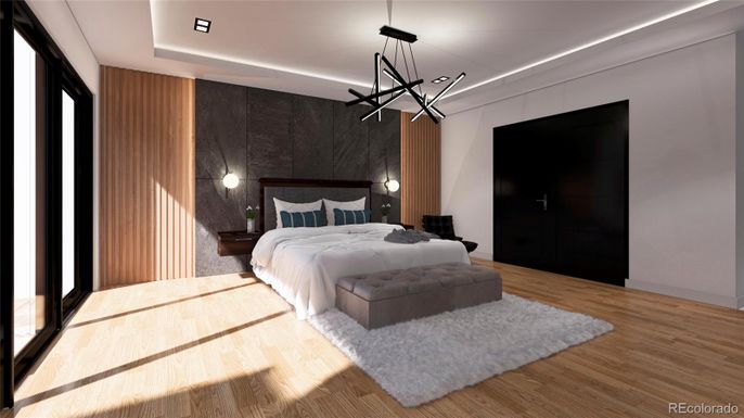 Bedroom, Interior, Pendant Lights, Recessed Lighting, Wood Texture Flooring