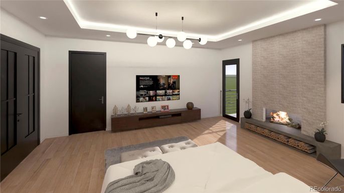 Fireplace, Interior, Living room, Pendant Lights, Recessed Lighting, Wood Texture Flooring