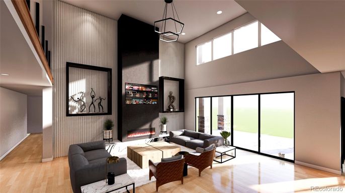Fireplace, Interior, Living room, Pendant Lights, Recessed Lighting, Wood Texture Flooring