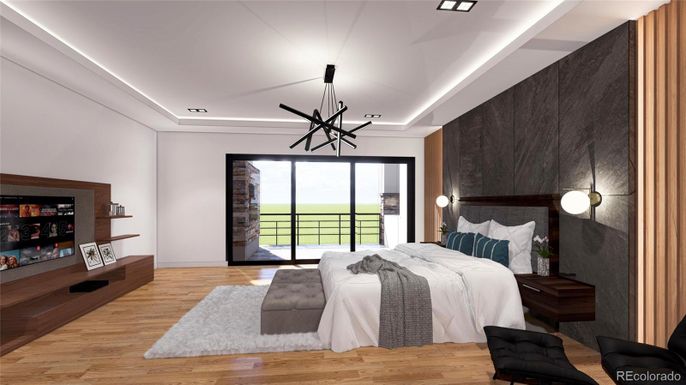 Bedroom, Interior, Pendant Lights, Recessed Lighting, Wood Texture Flooring
