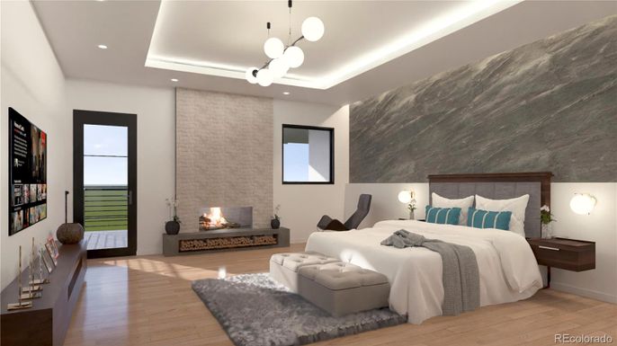 Bedroom, Fireplace, Interior, Pendant Lights, Recessed Lighting, Wood Texture Flooring