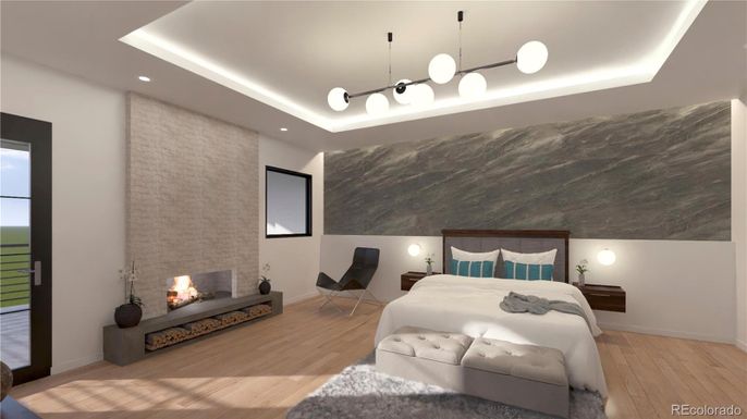 Bedroom, Fireplace, Interior, Pendant Lights, Recessed Lighting, Wood Texture Flooring