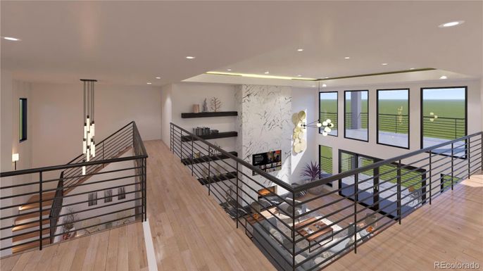 Fireplace, Interior, Marble Walls, Recessed Lighting, Wood Texture Flooring