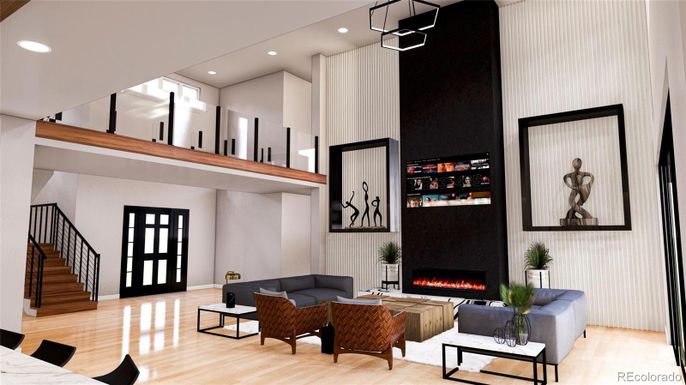 Fireplace, Interior, Living room, Recessed Lighting, Wood Texture Flooring