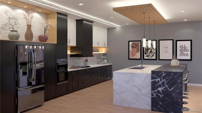 Interior, Kitchen, Pendant Lights, Recessed Lighting, Stainless Steel Appliances, Wooden Ceilings, Wood Texture Flooring