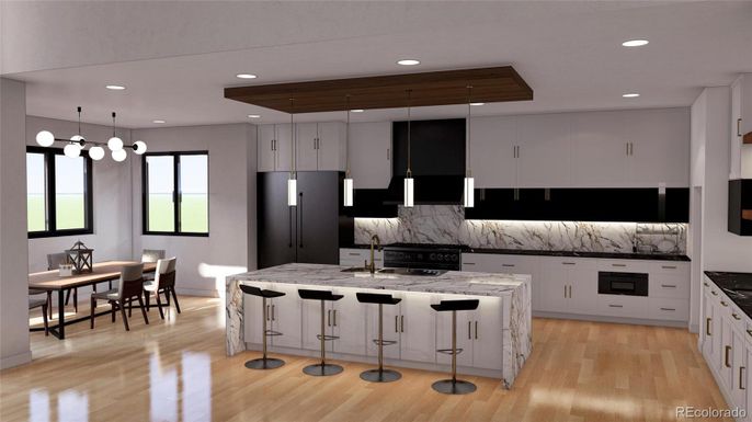 Dining room, Interior, Kitchen, Marble Walls, Pendant Lights, Recessed Lighting, Wood Texture Flooring