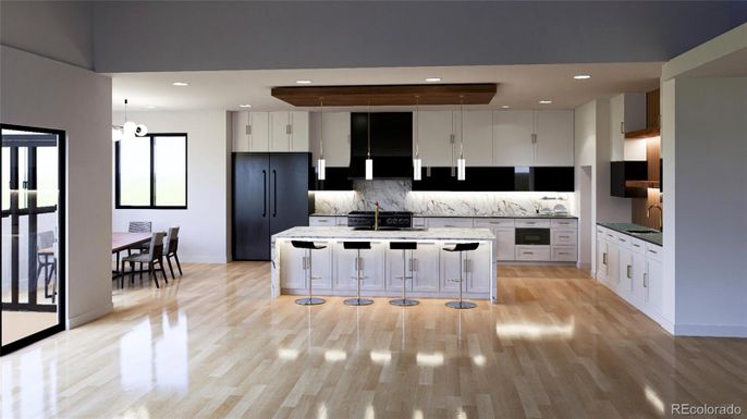 Dining room, Interior, Kitchen, Marble Walls, Pendant Lights, Recessed Lighting, Stainless Steel Appliances, Wood Texture Flooring