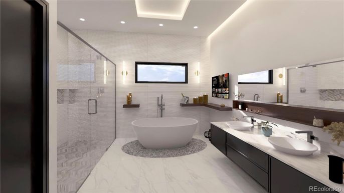Bathroom, Dual Sink Vanities, Free Standing Baths, Glass Shower, Interior, Marble, Recessed Lighting