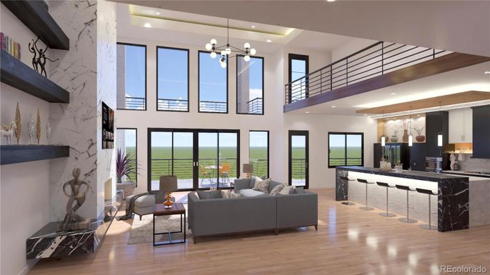 Fireplace, Interior, Kitchen, Living room, Marble Walls, Pendant Lights, Recessed Lighting, Water, Wood Texture Flooring