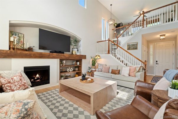 Fireplace, Interior, Living room, Pendant Lights, Wood Texture Flooring