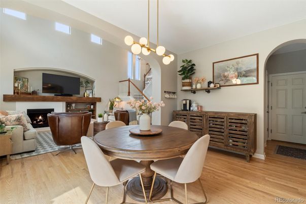 Dining room, Fireplace, Interior, Living room, Pendant Lights, Wood Texture Flooring