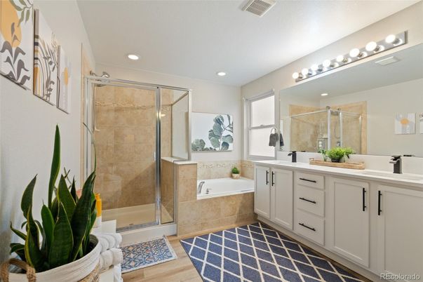 Bathroom, Dual Sink Vanities, Glass Shower, Interior, Recessed Lighting, Wood Texture Flooring