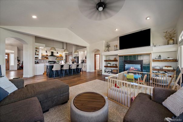 Dining room, Fireplace, Interior, Kitchen, Living room, Pendant Lights, Recessed Lighting, Wood Texture Flooring