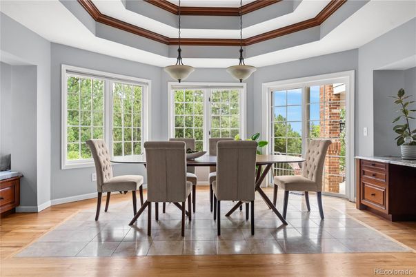Dining room, Interior, Pendant Lights, Wood Texture Flooring
