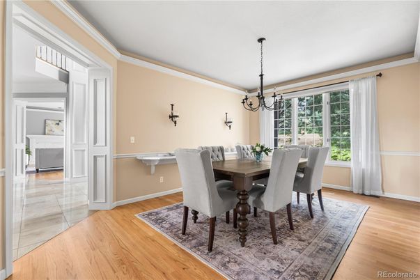 Dining room, Interior, Pendant Lights, Wood Texture Flooring