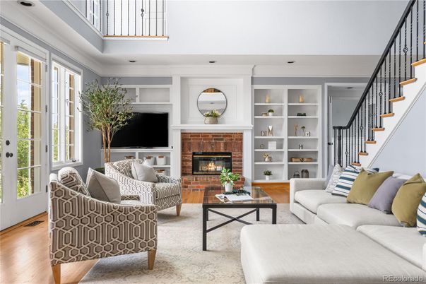 Fireplace, Interior, Living room, Recessed Lighting, Wood Texture Flooring
