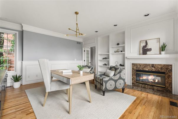 Fireplace, Home Office, Interior, Pendant Lights, Recessed Lighting, Wood Texture Flooring