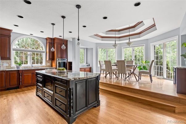 Dining room, Interior, Kitchen, Pendant Lights, Recessed Lighting, Wood Texture Flooring