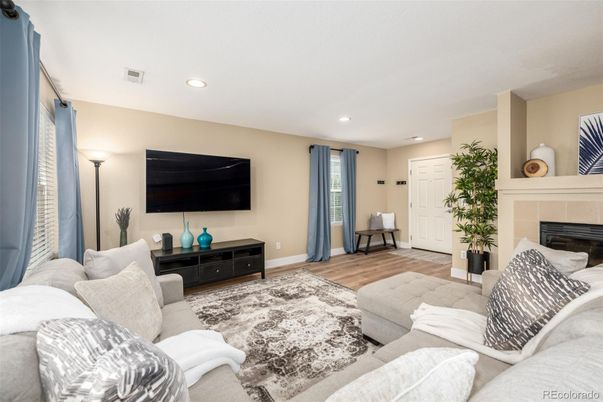 Fireplace, Interior, Living room, Recessed Lighting, Wood Texture Flooring