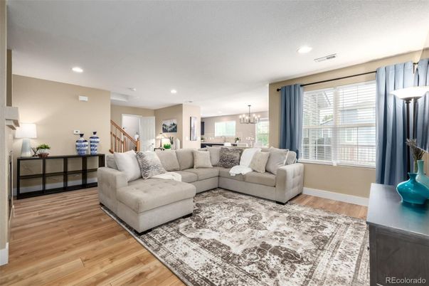 Interior, Living room, Pendant Lights, Recessed Lighting, Wood Texture Flooring