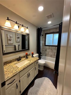 Bathroom, Dual Sink Vanities, Interior, Recessed Lighting, Wood Texture Flooring