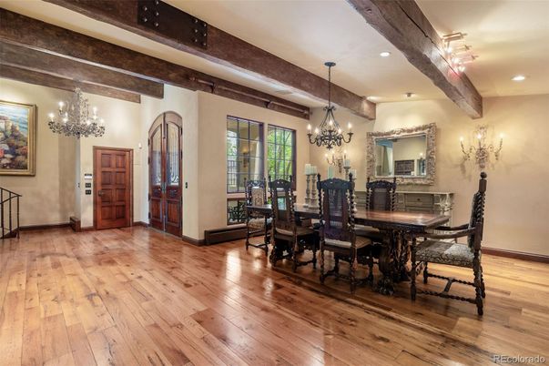 Chandelier, Dining room, Interior, Recessed Lighting, Wooden Beams, Wood Texture Flooring