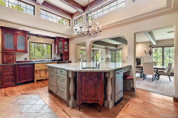 Chandelier, Dining room, Interior, Kitchen, Recessed Lighting, Wooden Beams, Wood Texture Flooring