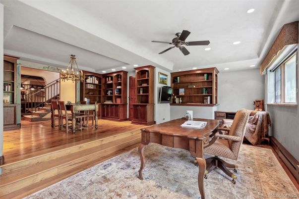 Chandelier, Home Office, Interior, Recessed Lighting, Wood Texture Flooring