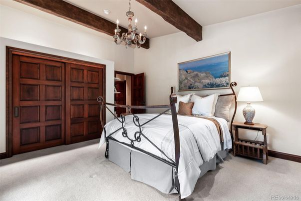 Bedroom, Chandelier, Interior, Recessed Lighting, Wooden Beams