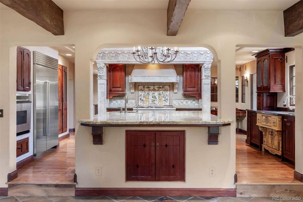 Chandelier, Interior, Kitchen, Stainless Steel Appliances, Wooden Beams, Wood Texture Flooring