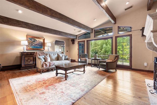Interior, Living room, Recessed Lighting, Wooden Beams, Wood Texture Flooring