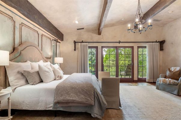 Bedroom, Chandelier, Interior, Recessed Lighting, Wooden Beams, Wood Texture Flooring