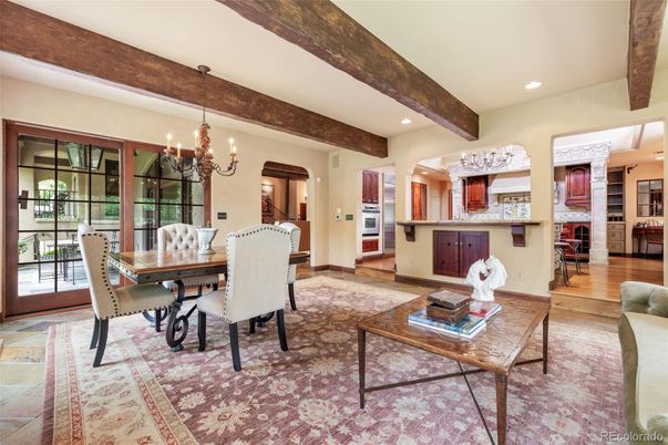 Chandelier, Dining room, Interior, Living room, Recessed Lighting, Wooden Beams, Wood Texture Flooring