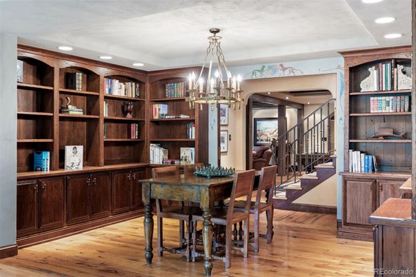 Chandelier, Dining room, Interior, Pendant Lights, Recessed Lighting, Wood Texture Flooring