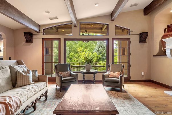 Interior, Living room, Recessed Lighting, Wooden Beams, Wood Texture Flooring