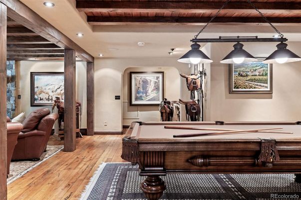 Billiard Table, Game Room, Interior, Pendant Lights, Recessed Lighting, Wooden Beams, Wooden Ceilings, Wood Texture Flooring