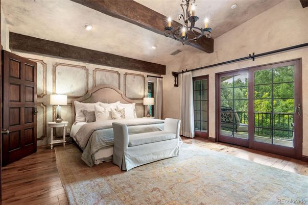 Bedroom, Chandelier, Interior, Recessed Lighting, Wood Texture Flooring