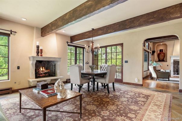 Chandelier, Dining room, Fireplace, Interior, Living room, Recessed Lighting, Wooden Beams, Wood Texture Flooring